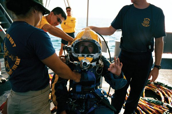 Borkoski gets suited up in her deep sea diving suit Borkoski gets suited up in her deep sea diving suit
